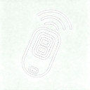 Simple white outline drawing of a remote control with a display and buttons, emitting three signal waves upward, on a plain light background.