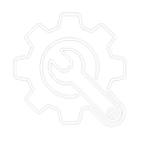 Gray icon of a gear with a wrench overlaying it, symbolizing settings, configuration, or technical support, on a light background.
