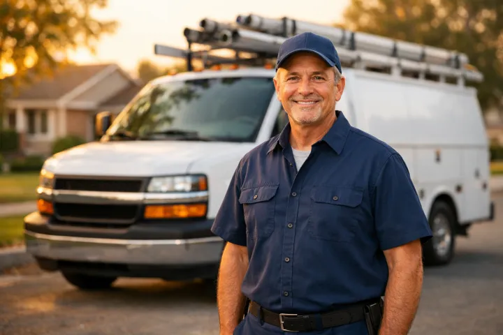 experienced local garage door technician A smiling man in a blue uniform and cap stands outside in front of a white utility van with ladders on its roof rack, on a suburban street at sunset.