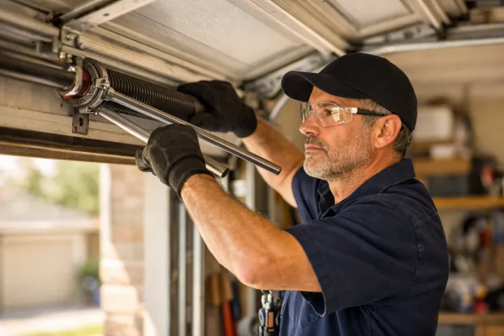 garage door tech at work A man wearing safety glasses, gloves, and a cap repairs a garage door spring with tools in a residential garage. Shelves and various items are visible in the background.