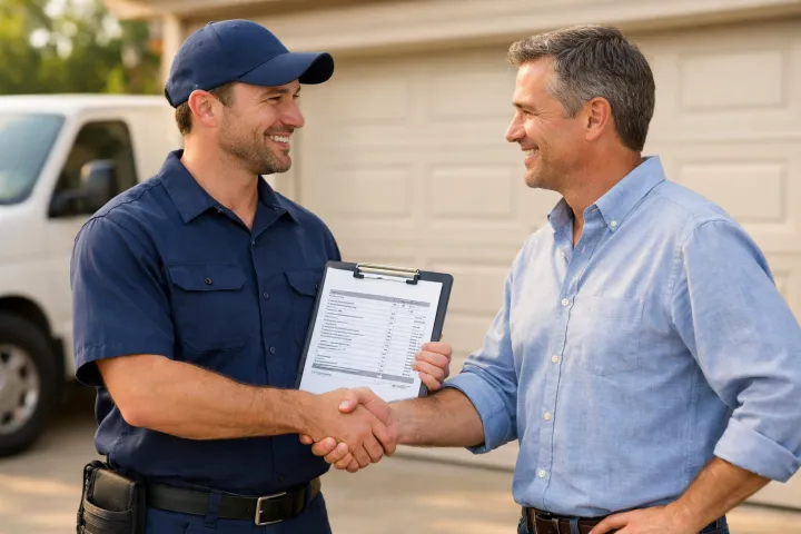 garage door technician at a driveway explaining an itemized estimate A smiling repairman in a navy uniform holds a clipboard and shakes hands with a casually dressed man in front of a garage, suggesting a successful service visit or agreement.
