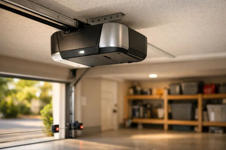 modern belt-drive garage door opener A close-up of an automatic garage door opener mounted on the ceiling of a clean, organized garage with shelves, storage bins, and an open garage door letting in daylight.