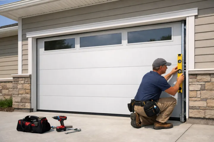 newly installed modern insulated garage door A worker in a cap uses a level to check the alignment of a garage door frame outside a modern house. Tools and a tool bag are placed on the concrete driveway nearby.