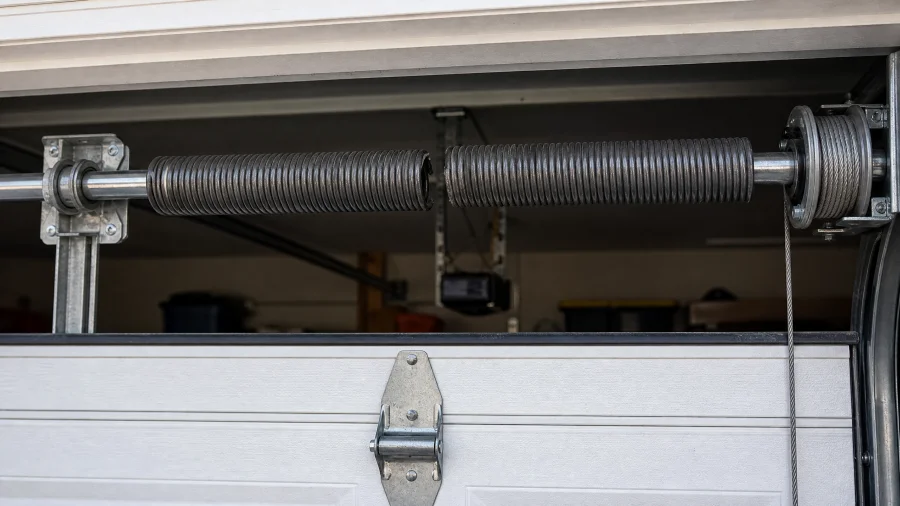 A close-up view of a broken garage door torsion spring, with a visible gap in the middle, mounted above a white garage door—a clear example of one of the most common garage door problems homeowners face.