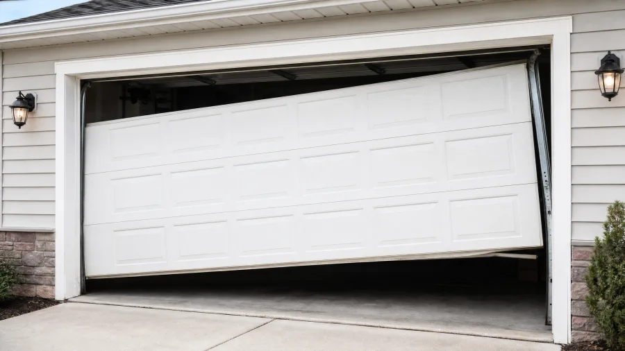 A white garage door is off its track, tilted and partially open, with one side higher than the other—an example of common garage door problems. The house exterior is light-colored with brick trim and two wall-mounted lanterns.