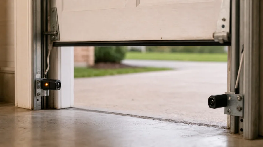 A partially open garage door with two safety sensors installed near the floor on each side of the opening illustrates one of the common garage door problems homeowners face, such as sensor misalignment. The outside view includes concrete and grass.