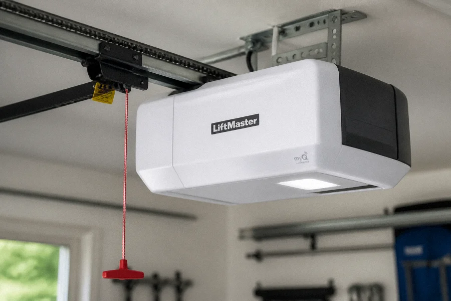A white and black LiftMaster garage door opener is mounted on the ceiling with a red emergency release cord hanging down—a common feature to consider when researching how long do garage door openers last. Tools and a window are visible in the background.