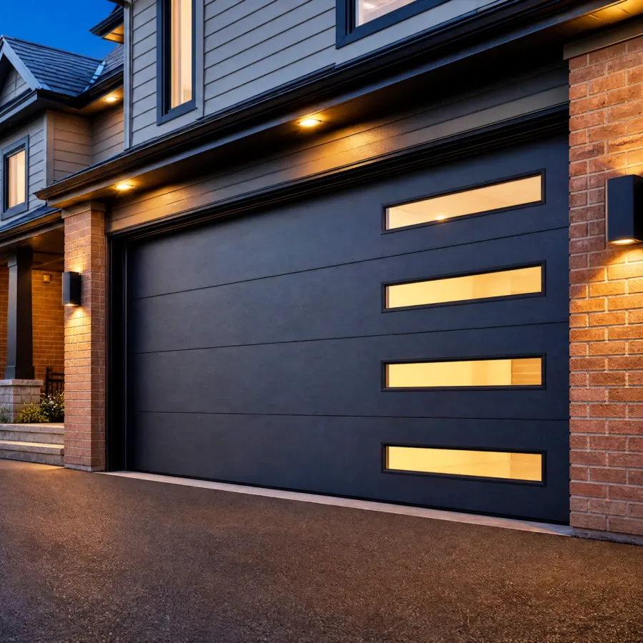 finished-garage-door-installation-cta Modern house exterior with a black garage door featuring four horizontal rectangular windows on the right side, brick walls, and outdoor lights illuminating the driveway at dusk.