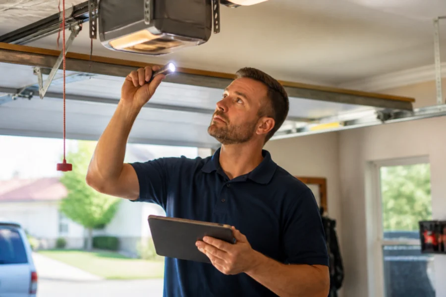 A man in a blue polo shirt inspects a garage door opener with a flashlight while holding a tablet, standing in a garage with an open door, perhaps checking to determine how long do garage door openers last.