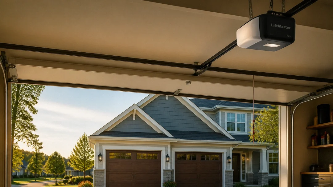 A garage door is open, showing a suburban house with a double garage and a well-kept yard outside. A LiftMaster garage door opener—known for its reliability and longevity—is mounted on the ceiling inside the garage, prompting homeowners to consider just how long do garage door openers last when choosing quality equipment for their home.