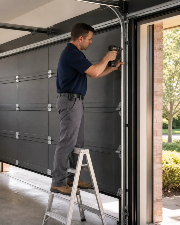 Pro Garage Door Install A person stands on a step ladder fixing or installing a garage door with a power drill. The garage door is open, and sunlight and greenery are visible outside.