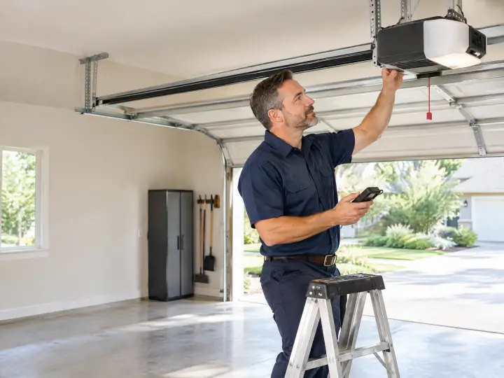 A man in a navy shirt stands on a ladder, inspecting or repairing a garage door opener with a remote control in one hand, inside a clean, organized garage.