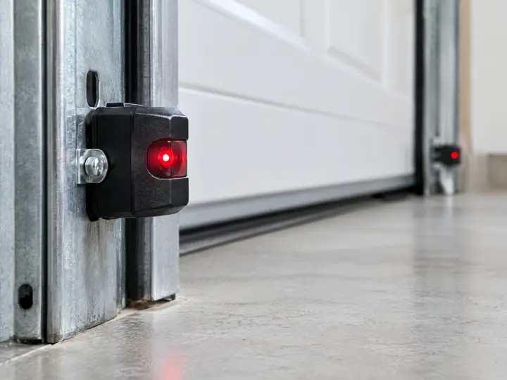 Close-up of a garage door safety sensor with a red light, mounted on a metal bracket near the floor. The garage door is partially visible in the background.