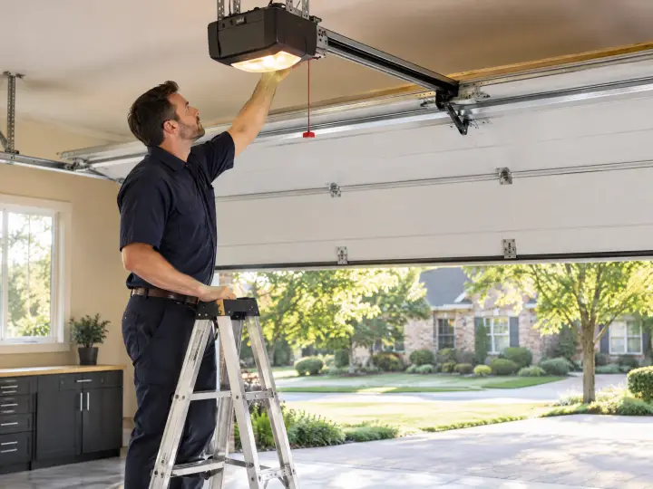 A man stands on a ladder, adjusting a garage door opener on the ceiling, with the garage door open to a sunny suburban neighborhood outside.