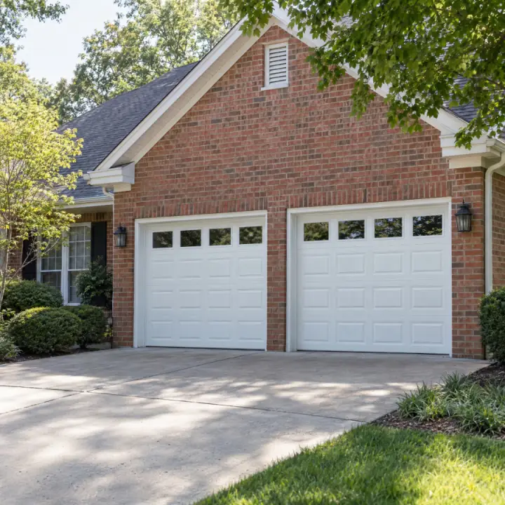 A two-car garage with white paneled doors and rectangular windows at the top, built into a red brick house with a concrete driveway.