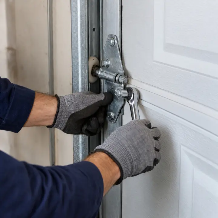 Hands in work gloves use a wrench to tighten a bolt on a garage door hinge.